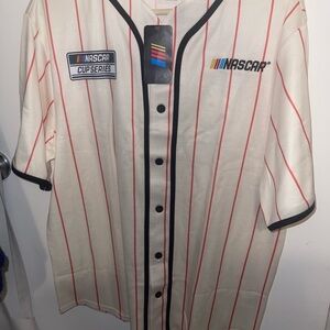 NASCAR Men's White and Red Pinstripe Jersey